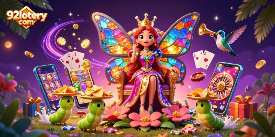 Engage with excitement at 92lottery com with colorful slot games and a vibrant butterfly queen.