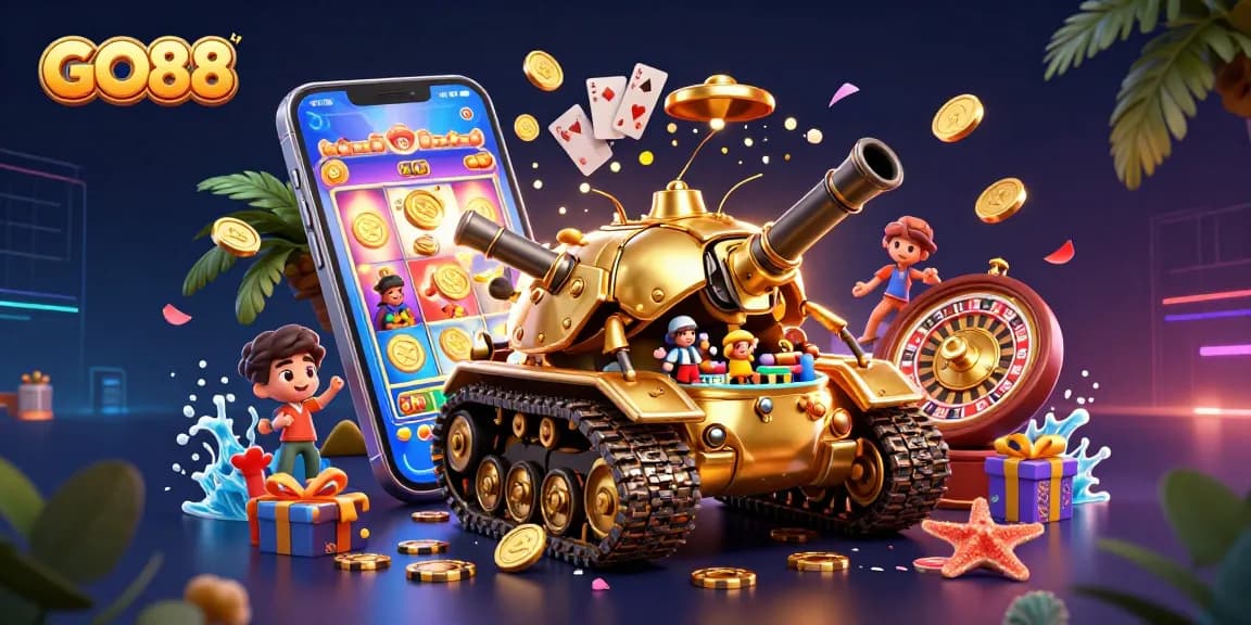 Experience the excitement of GO88 with a dynamic casino illustration featuring vibrant gaming elements and engaging characters.