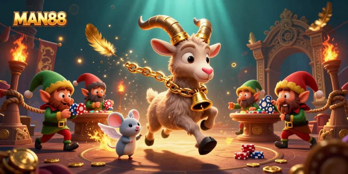 MAN88's holiday casino scene with a Krampus goat and mischief-making elves stealing poker chips.