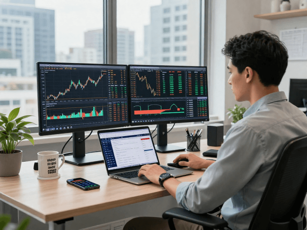 La escena en un escritorio profesional de trading con gráficos de Immediate Edge y una vista contemporánea de la ciudad.