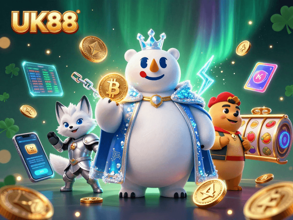 Engage with UK88's vibrant gaming universe featuring a cartoon ice king and riveting slot elements.