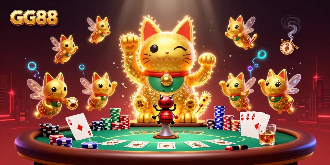 Experience thrilling wins at GG88's vibrant casino, featuring a golden lucky cat and captivating poker elements.