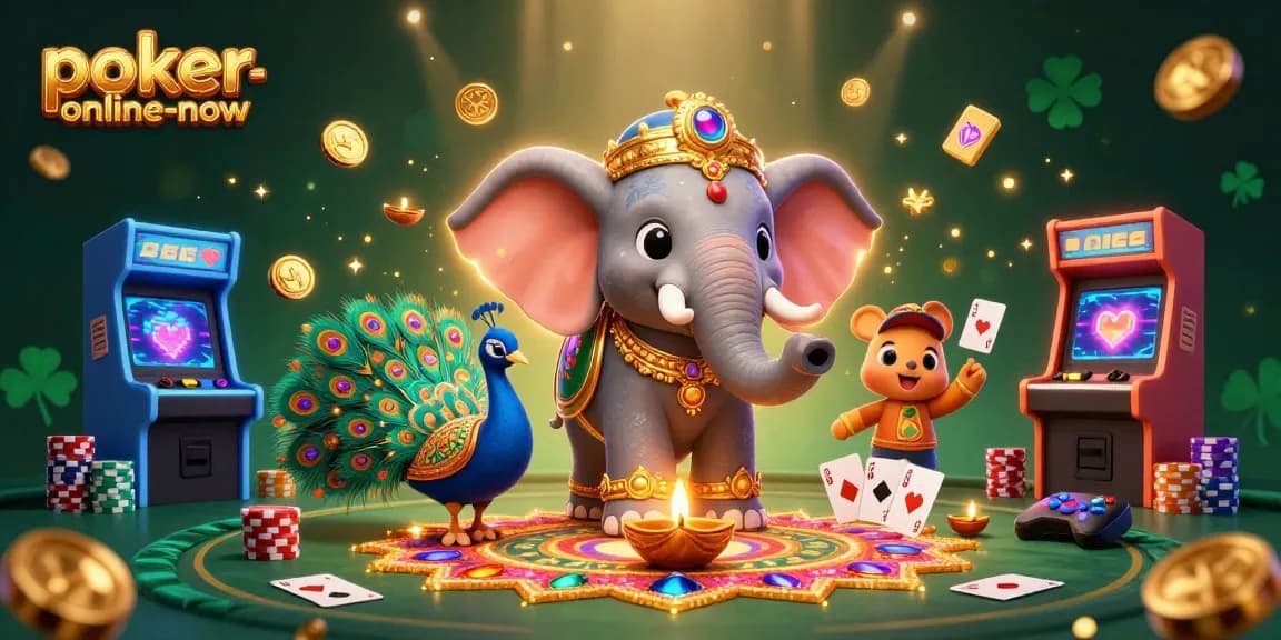 Engage in thrilling poker action at poker-online-now with festive 3D characters amidst vibrant gameplay elements.