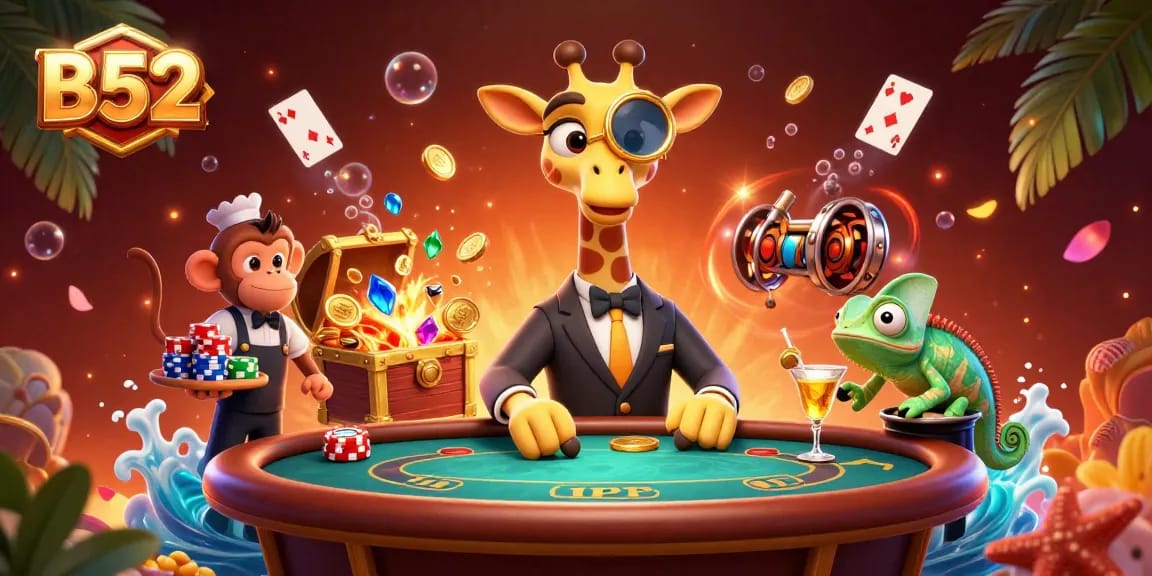 B52 offers thrilling slot experiences amidst vibrant casino atmosphere with epic characters.