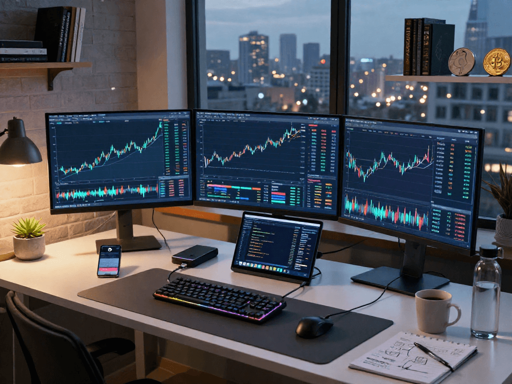 MetaTrader 5 官网的现代加密货币交易工作区,显示区块链图表与数字钱包