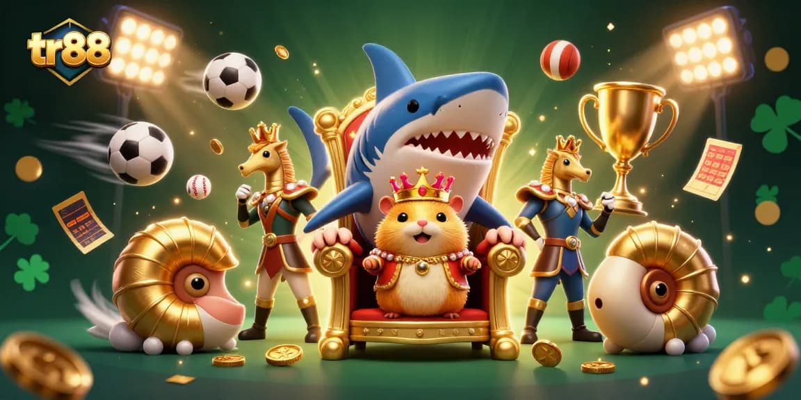 Engage in exciting gameplay at tr88, illustrated with a vibrant casino scene featuring a golden hamster king.