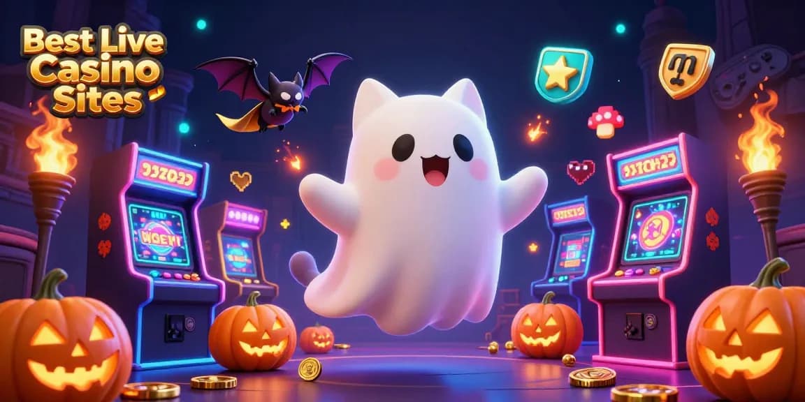 Engage with the Best Live Casino Sites featuring a ghost cat and vampire bat in a vibrant haunted casino.