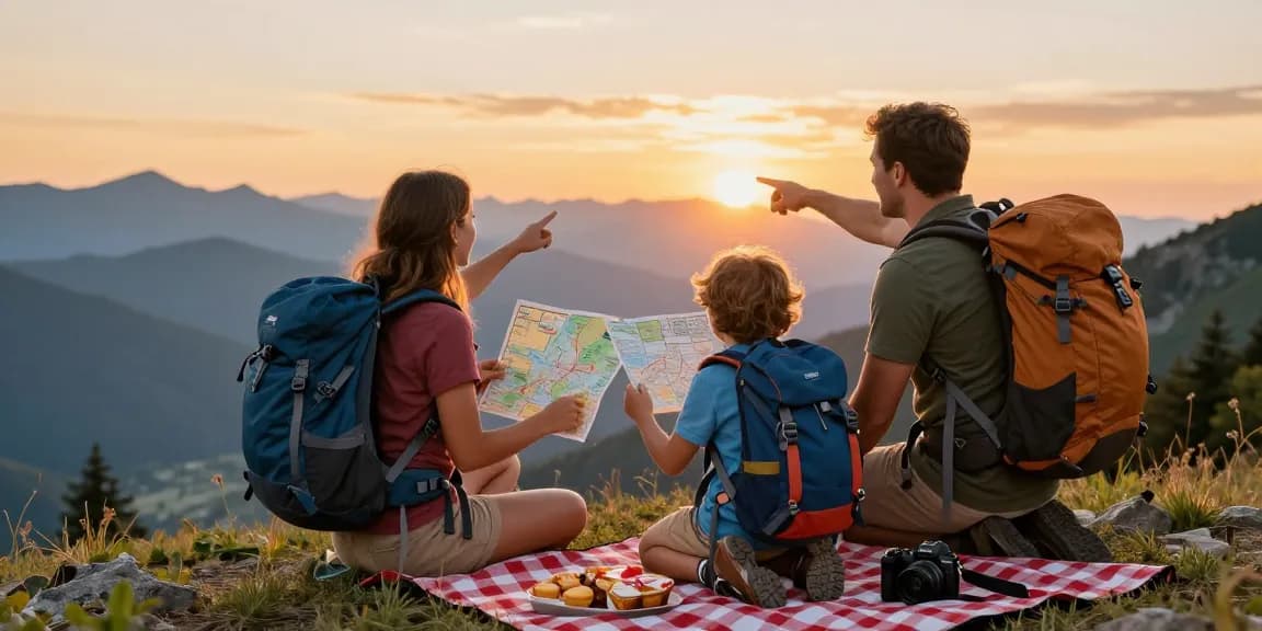 Family enjoying a sunset mountain view, engaging in adventure with mantra88 gear.