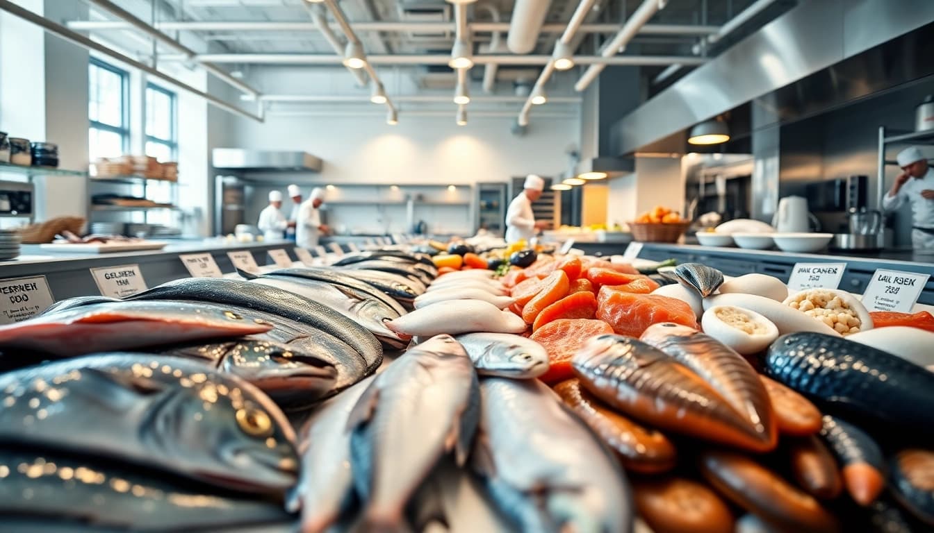 Showcase of a Wholesale seafood supplier for restaurants featuring fresh seafood in a professional kitchen.