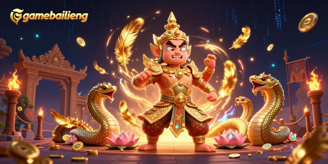 gamebailieng showcases an exciting 3D Thai-themed casino scene with guardian characters and vibrant gambling elements.