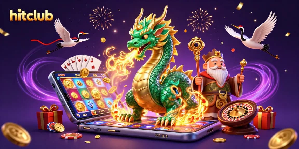 Engage with hitclub's vibrant gaming experience featuring an emerald dragon and 3D casino elements.