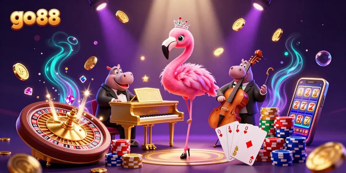 Experience go 88's vibrant casino atmosphere with a flamingo singer and hippo bassist.