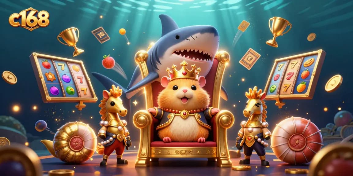 C168, the vibrant underwater casino world features a fierce hamster king, spinning reels, and golden casino elements.