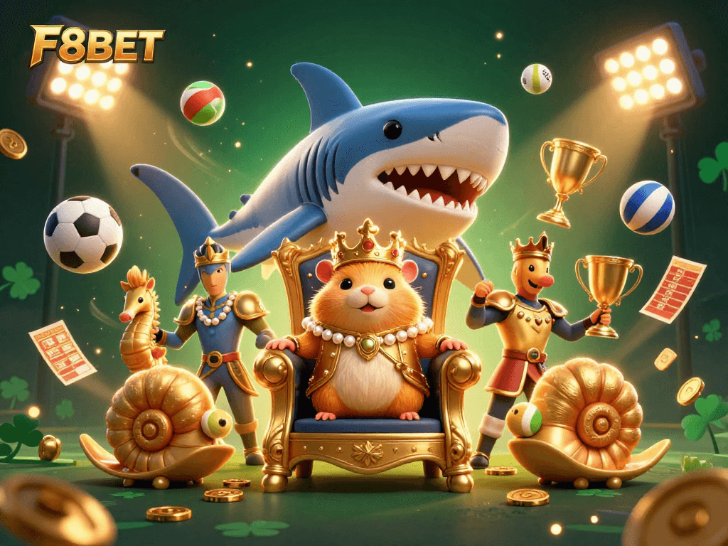 Experience F8BET with a powerful golden hamster king and his royal guards amidst thrilling casino action.