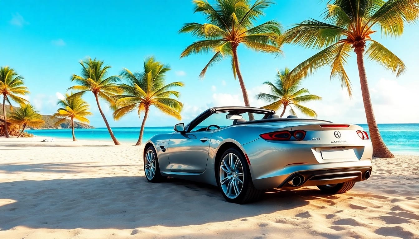 Book car hire st barth with stunning beachfront views showcasing chic convertible in paradise.