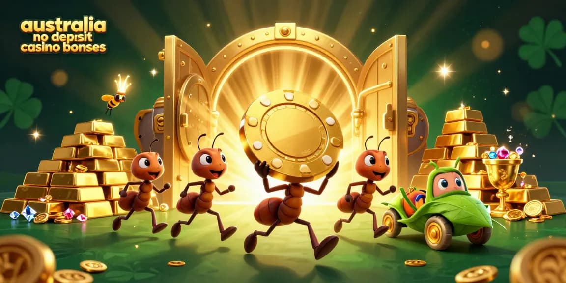 A stunning illustration showcasing australia no deposit casino bonuses with cartoon ants and treasure in a dynamic casino-themed scene.
