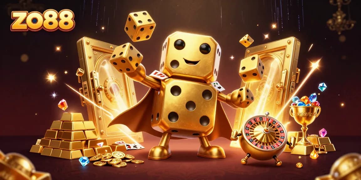 Spin the reels with excitement at zo88, featuring a golden dice golem and dazzling treasure.