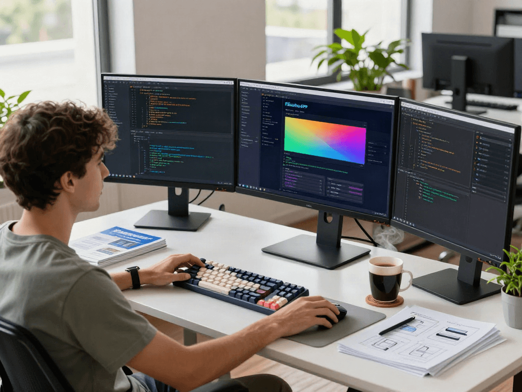 Pikashow APK software developer working at a modern desk with multiple screens and design elements.