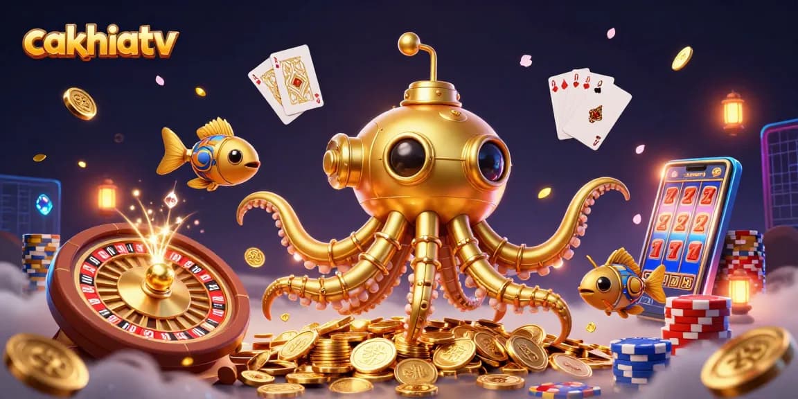 Experience vibrant gaming thrills with cakhiatv's dynamic bets and golden prizes in this captivating 3D illustration.