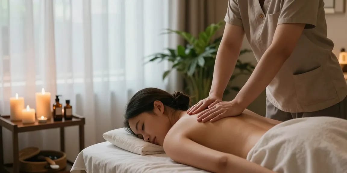 마사지 치료를 받는 고객과 아늑한 스파 환경