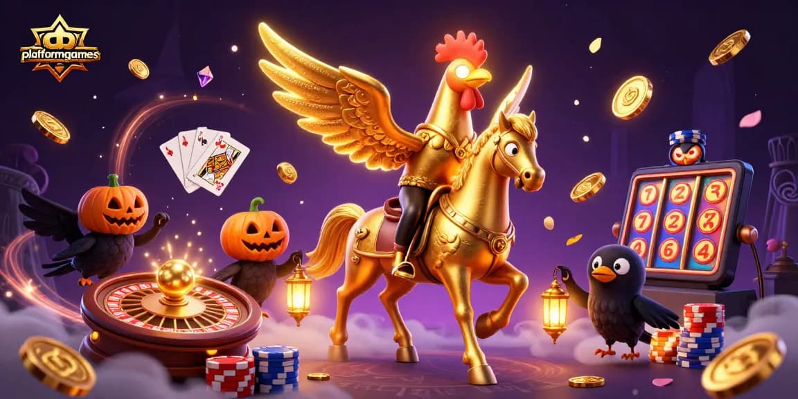 Join platformgames in this vibrant casino scene featuring a golden rooster and his companions celebrating with riches.