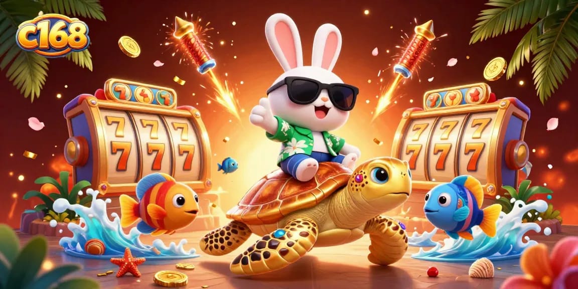 c168 brings excitement in this vibrant 3D scene with a lucky rabbit and a golden turtle amidst spinning slot reels.