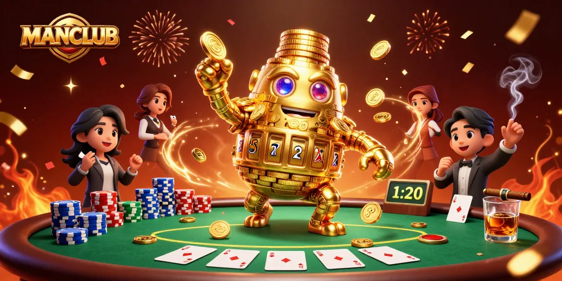Engage with the thrilling world of MANCLUB's casino games in this vibrant 3D illustration featuring dynamic elements.