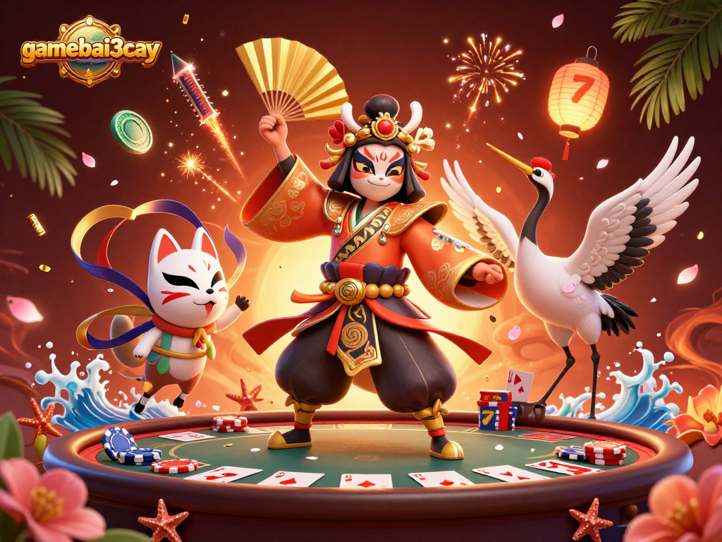 Engage with gamebai3cay's dynamic poker scene featuring colorful characters and vibrant elements.