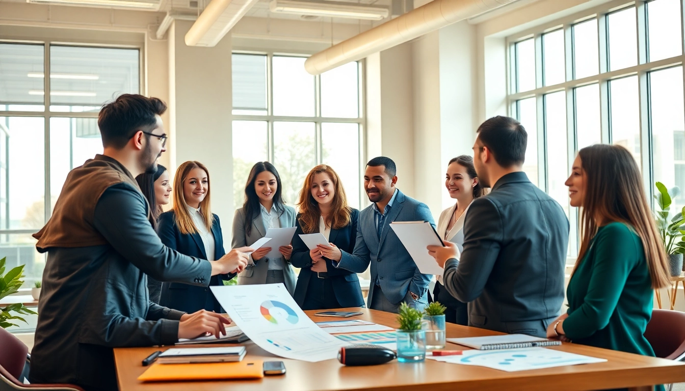 Engaged professionals collaborating in a bright office setting to find their Ideal Career.