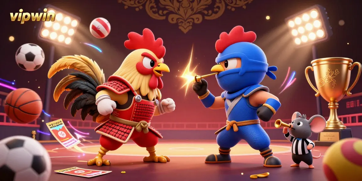 Competitive cockfighting action featuring vipwin, dramatic roosters, and dynamic sports elements.