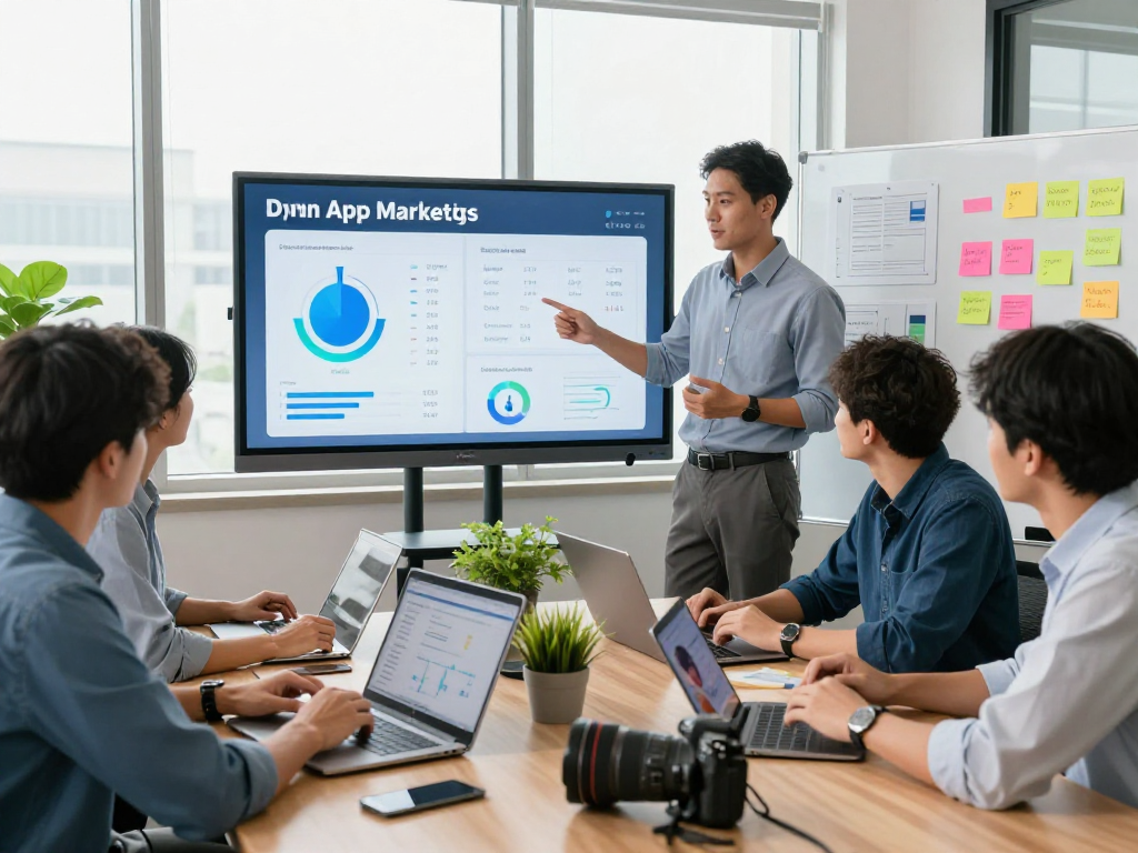 Buy app installs strategy meeting with diverse team in modern office.