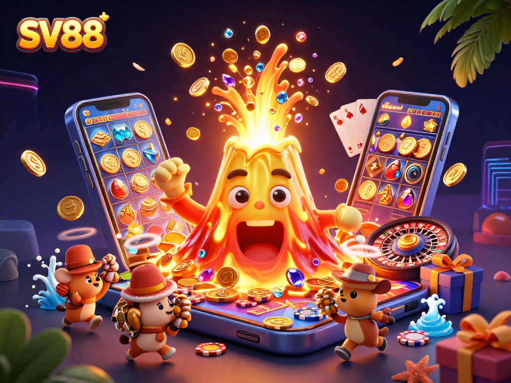 SV88 offers thrilling jackpots with animated golden volcano erupting treasures, engaging players in excitement.