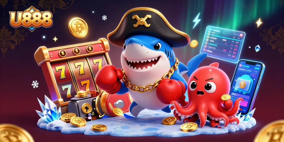 Spin and win at U888 with a vibrant cartoon scene featuring a pirate shark, pufferfish, and octopus amid slot game excitement.