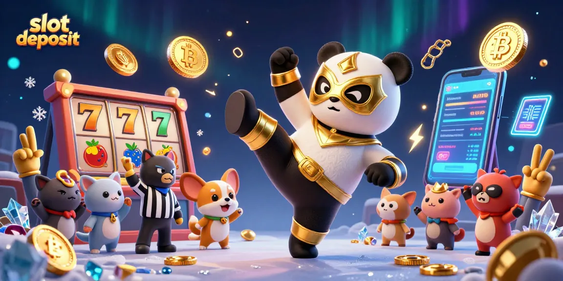 Menggunakan slot deposit, panda bertarung dalam ilustrasi 3D dengan karakter yang dinamis di latar belakang kasino.