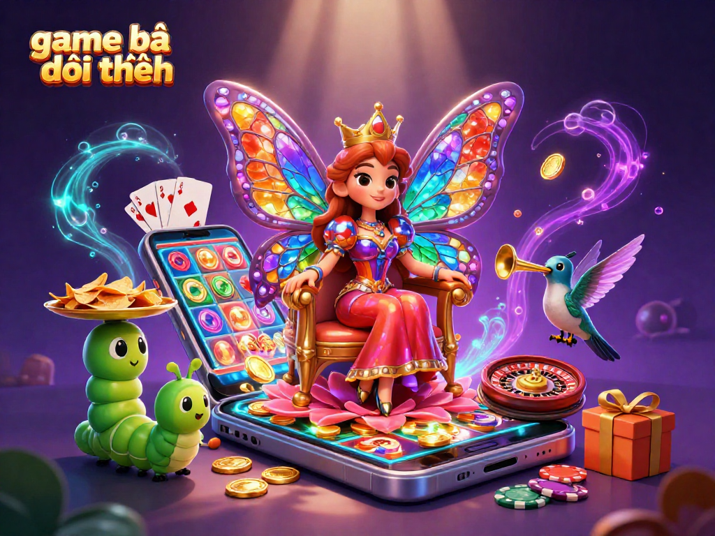 Experience game bài đổi thưởng with a vibrant 3D illustration of a butterfly queen and dynamic casino elements.