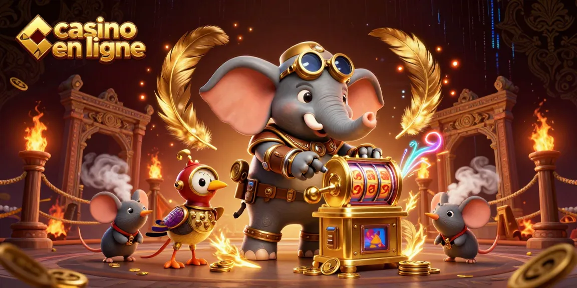 Casino en ligne : Découvrez une illustration dynamique avec un éléphant steampunk et des machines à sous.