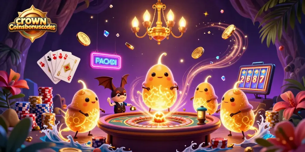 Join the action at crowncoinsbonuscodes with a lively 3D casino scene featuring colorful gambling elements.