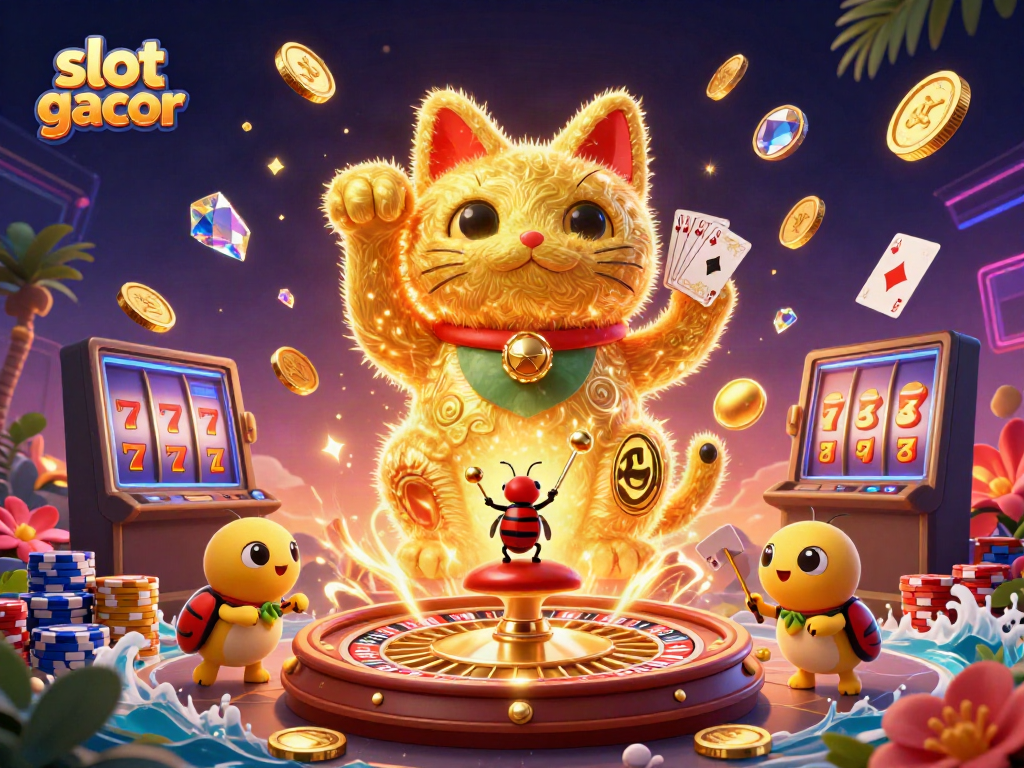 Experience luck with slot gacor featuring a golden cat and vibrant casino symbols.