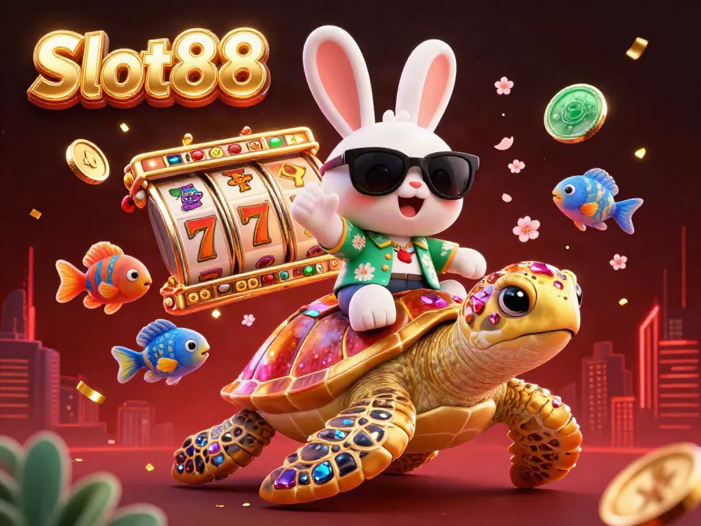 Experience Slot88 thrills with a lucky rabbit and sea turtle in a vibrant, dynamic casino scene.