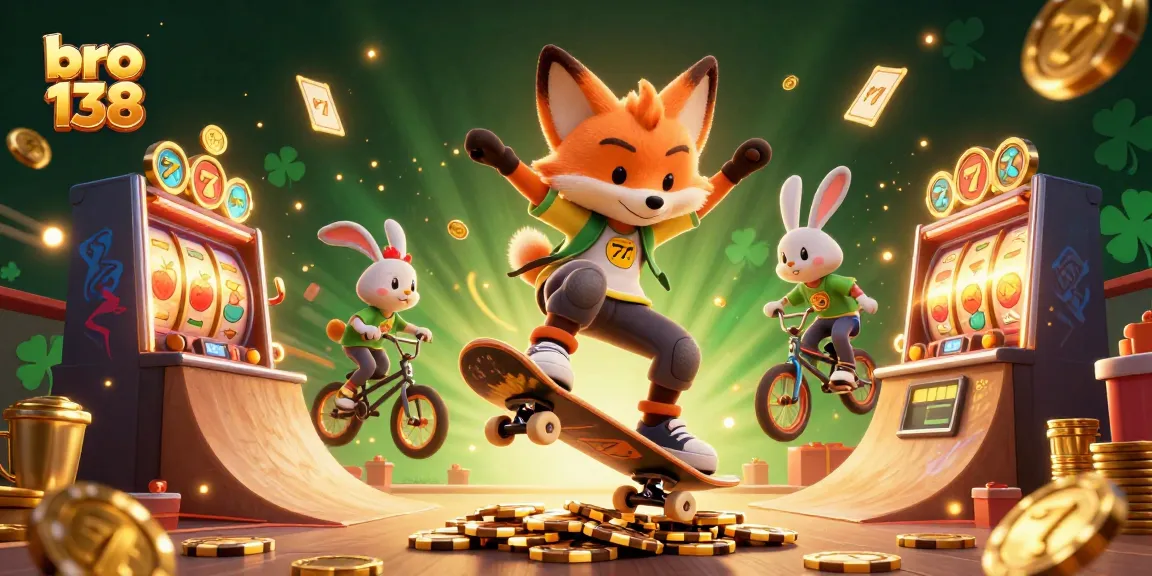 Experience bro 138 slots with a vibrant cartoon scene featuring casino elements and dynamic characters.