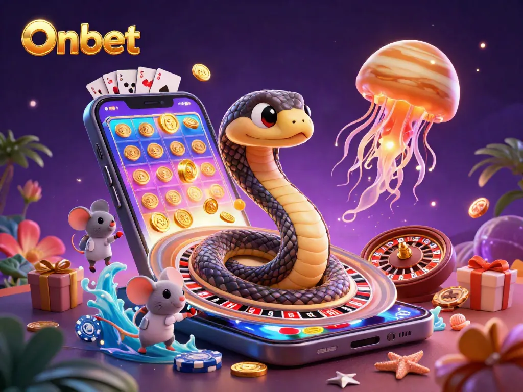 Onbet showcases an exciting 3D scene with a Saturn ring snake roulette wheel and astronaut mice betting.
