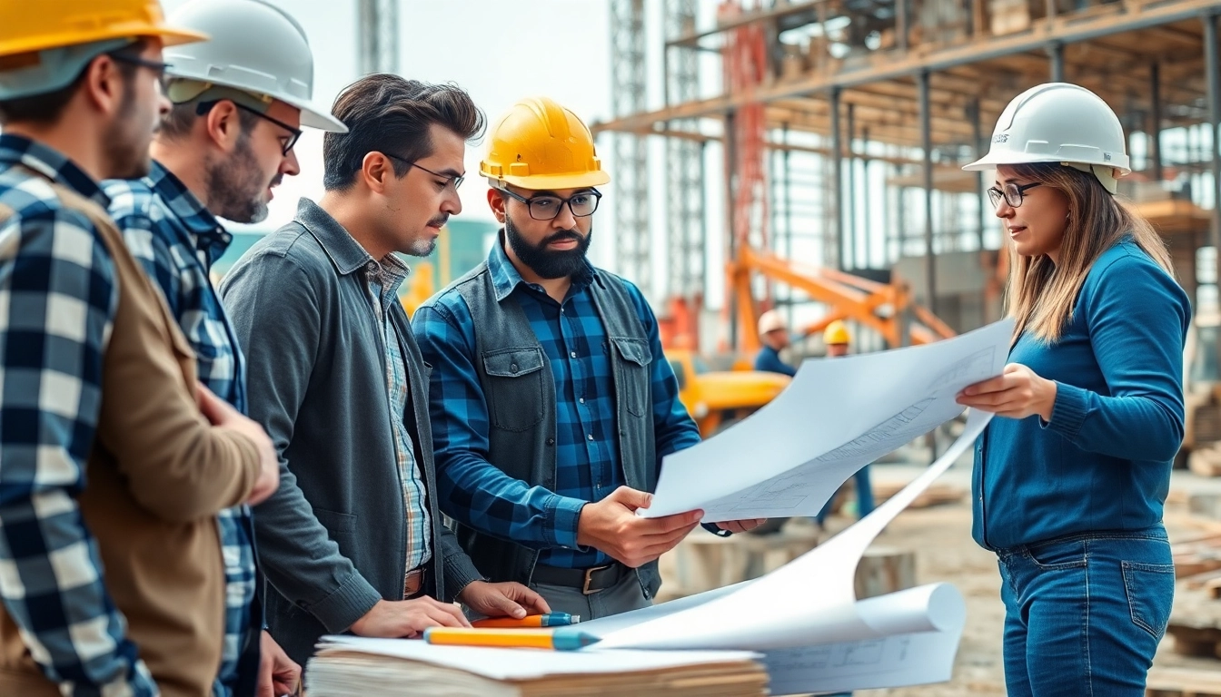 Engaged construction company membership south texas team discussing plans at a busy job site.