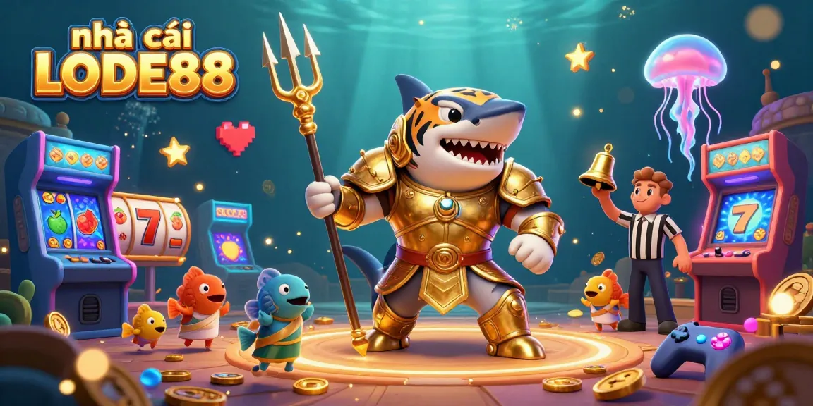 Experience the thrill of gaming with nhà cái LODE88's vibrant underwater casino scene, featuring arcade games and slot reels.