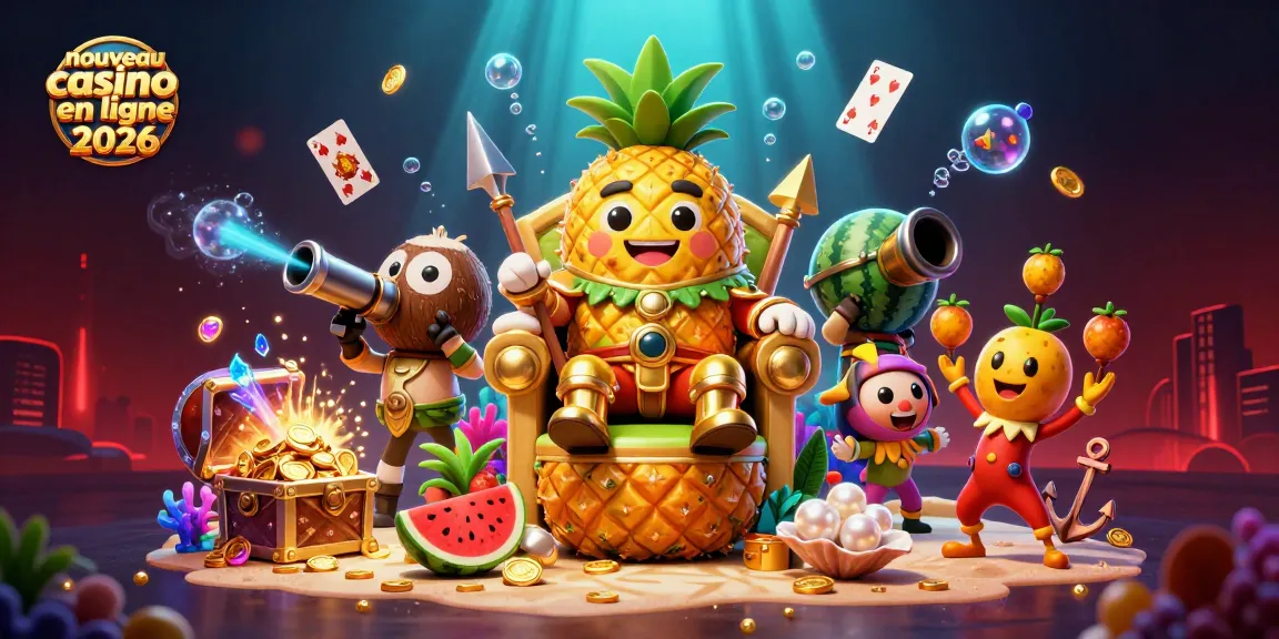 Illustration représentant le nouveau casino en ligne 2026 avec le roi ananas et ses gardes entourés de trésors et cartes à jouer.