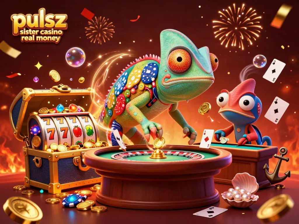 Pulsz sister casino real money offers vibrant slots excitement with colorful chameleon casino owner in a bustling scene
