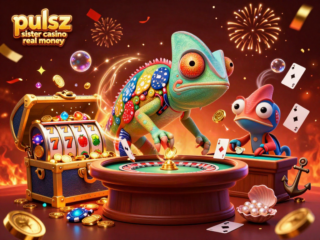 Pulsz sister casino real money offers vibrant slots excitement with colorful chameleon casino owner in a bustling scene