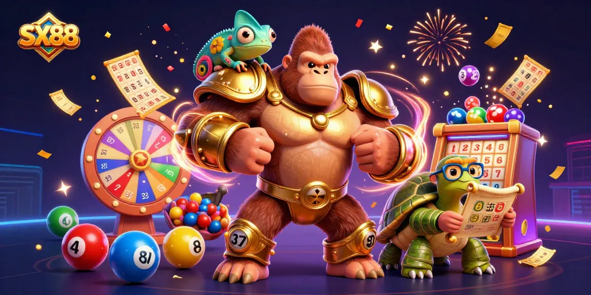 SX88 engages players with a vibrant 3D scene of a gorilla king and chameleon spy amid dynamic gambling elements.