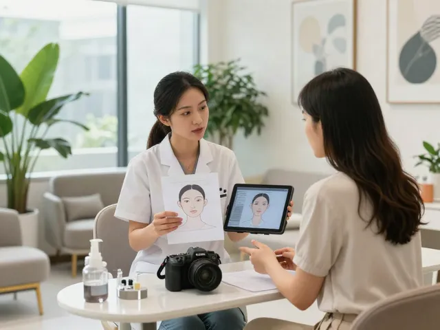 Consultation scene exploring alternatives to QOVES with aesthetics specialist reviewing a digital report using facial analysis.