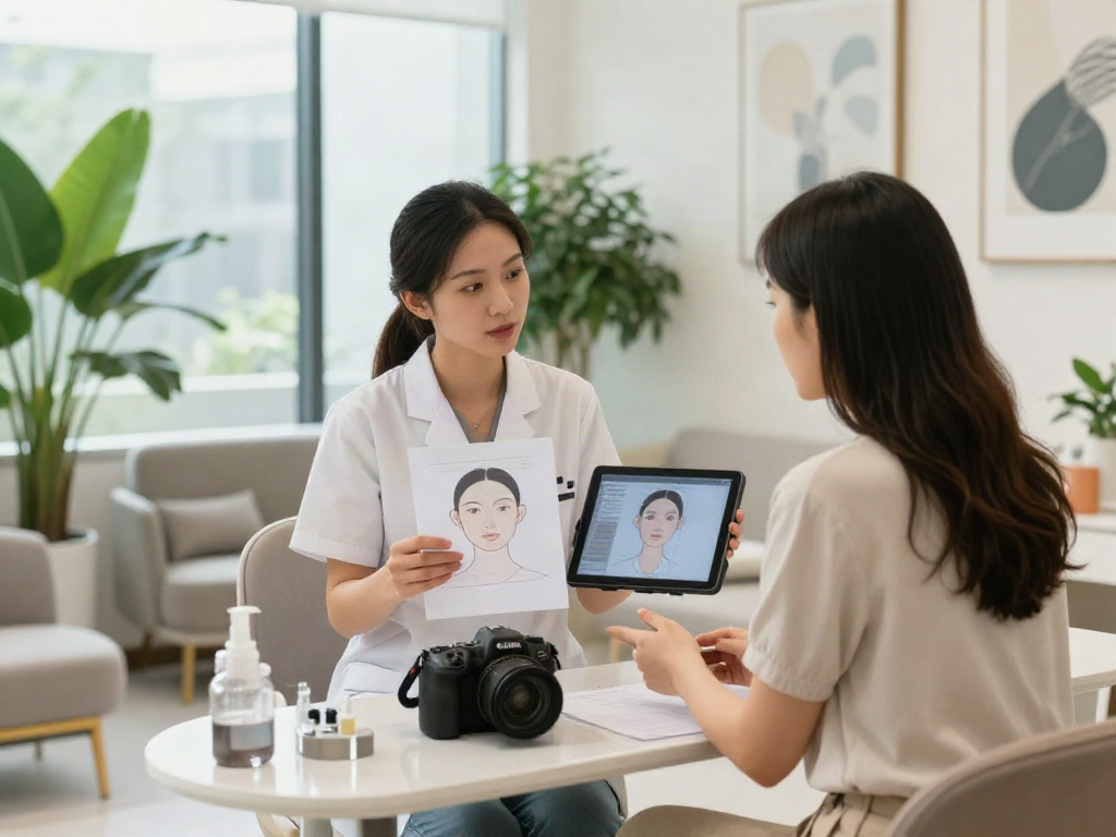 Consultation scene exploring alternatives to QOVES with aesthetics specialist reviewing a digital report using facial analysis.