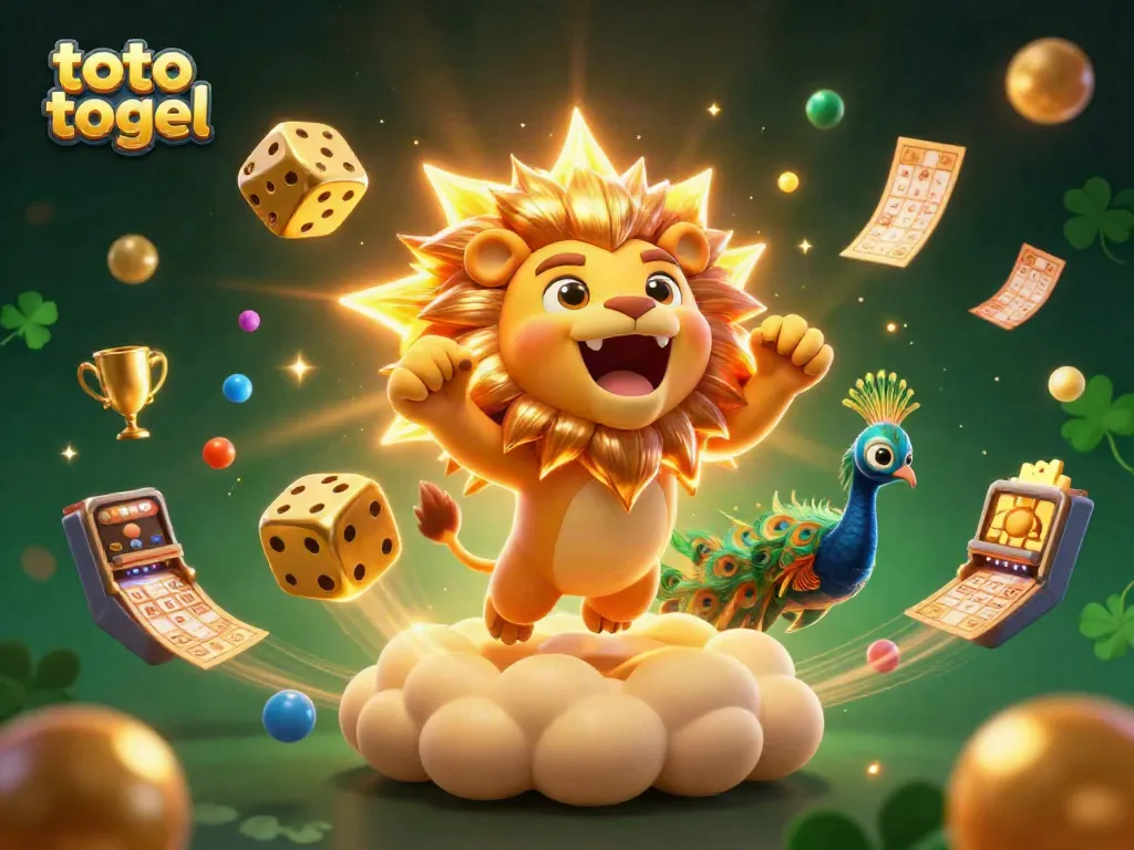 Experience the thrill of toto togel with a roaring lion and vibrant lottery elements.